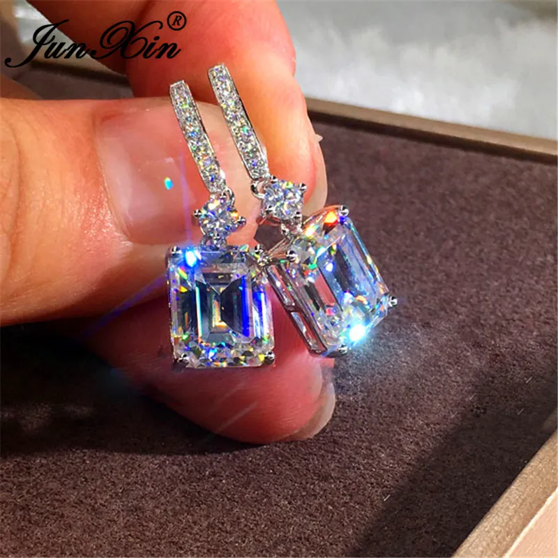 

Cute Small Rectangle Crystal Hoop Earrings For Women 925 Silver Color White Zircon Square Earrings Bridal Wedding Party Jewelry