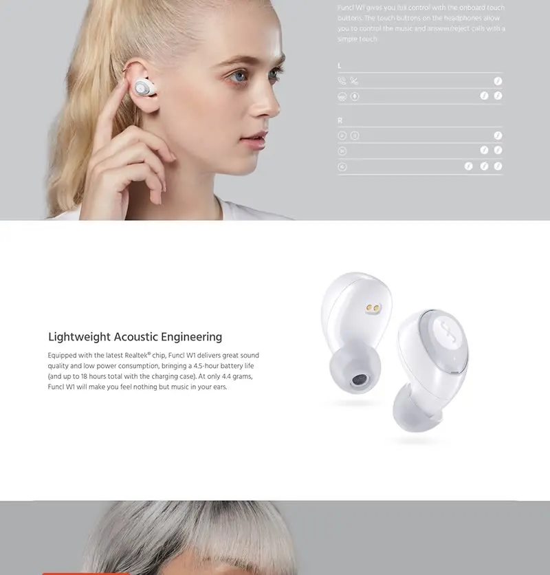 Funcl W1 истинные беспроводные наушники Bluetooth 5,0 TWS Touch HiFi музыка беспроводной стерео крюк работает с шумоподавлением стерео гарнитура