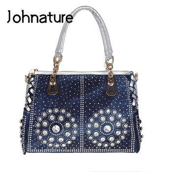 

Johnature Denim Rhinestone Fashion Women Shoulder&crossbody Bags 2020 New Knitting Lady Handbag Large Capacity Casual Totes