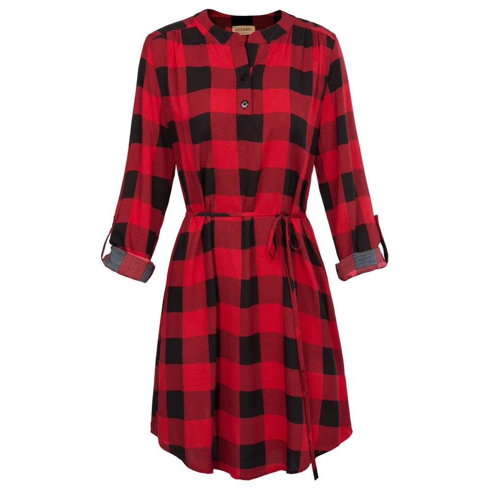 

Women' Grid dresses Comfy Roll-up Sleeves O-Neck Cotton dress autumn lady girl casual classic England mini straight Shirt Dress