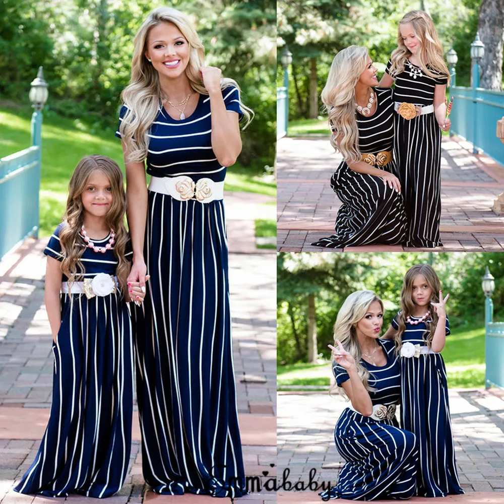 New Fashion Family Matching Mother and Daughter Maxi Dress Beach Casual Striped Mom Girls Long Dress Short Sleeve Sundress