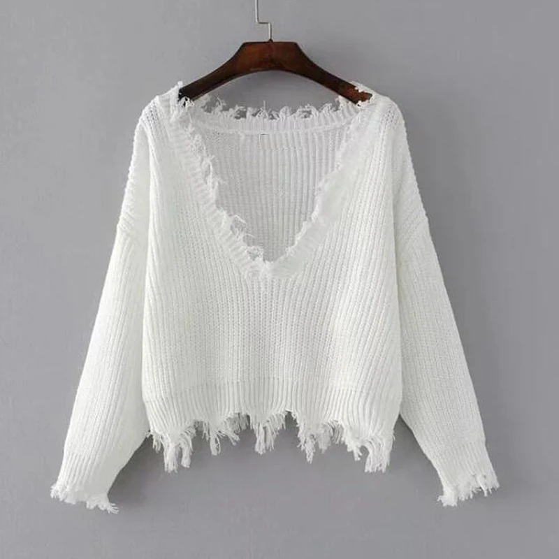 Tassel V Neck Sweaters Women Pullover Knitted Top Fashion Loose Big Size Female White Sweater Autumn Winter Knit Tops Streetwear | Женская