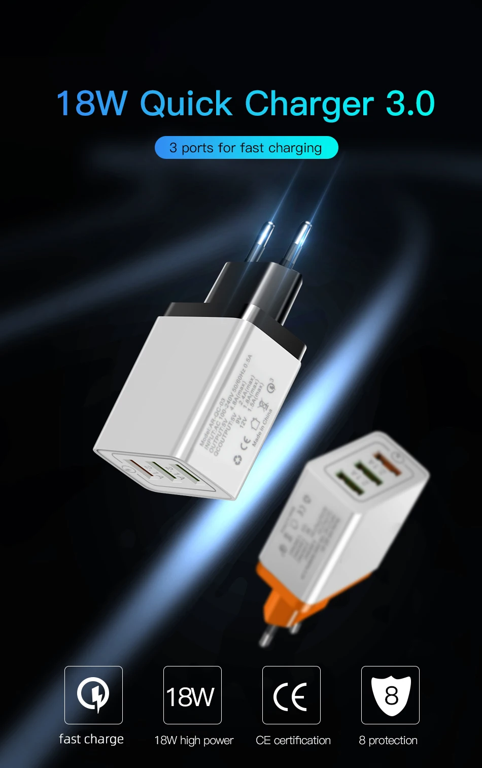 !ACCEZZ Universal 18W Quick Charge 3.0 Charger Adapter For iphone Samsung s7 s10 plus Travel Wall Charging 3usb EU Plug Charger (1)