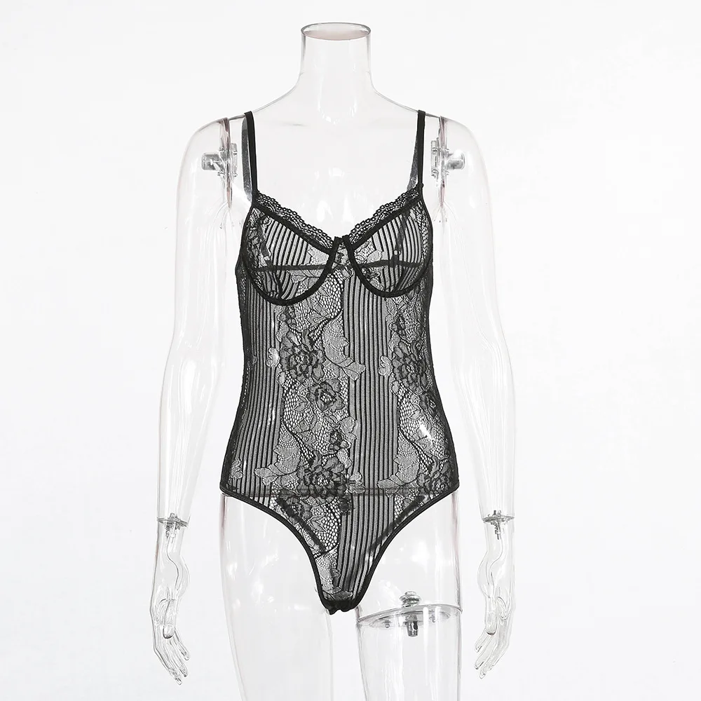 Ellolace Neon Pink Lace Mesh Bodysuit Women Sexy Transparent Summer Backless Bodycon Overalls Female New Slim Black Bodys