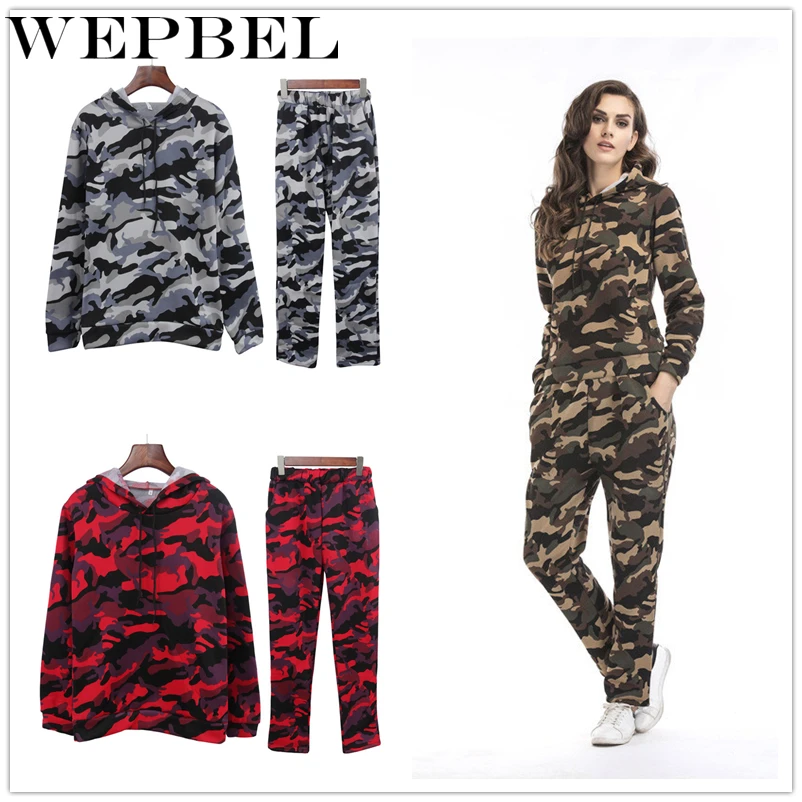 WEPBEL/модный Камуфляжный спортивный костюм; Спортивный костюм; толстовка с капюшоном+ штаны для бега; Женский комплект 2 шт. толстовки с капюшоном