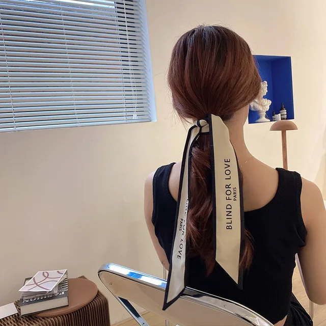 Women Silk Scarf Headband Female Tied Hair Summer Ribbon Retro French Bow Korean Horsetail Bundle Japanese Girl Hair Headdress Headband 4