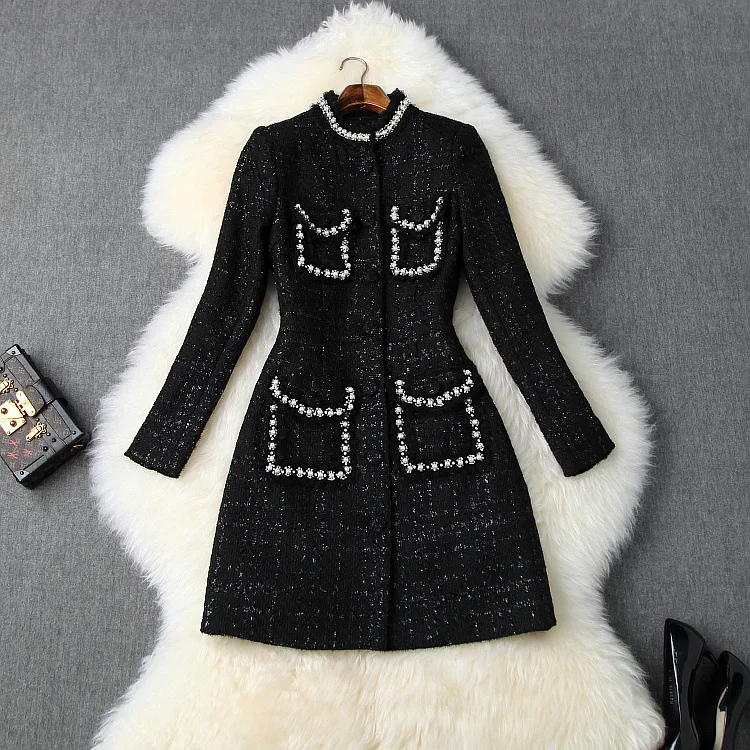 Женское осенне-зимнее твидовое пальто, Роскошное дизайнерское, украшенное жемчугом и бисером, черное пальто с карманами, Брендовая верхняя одежда для подиума