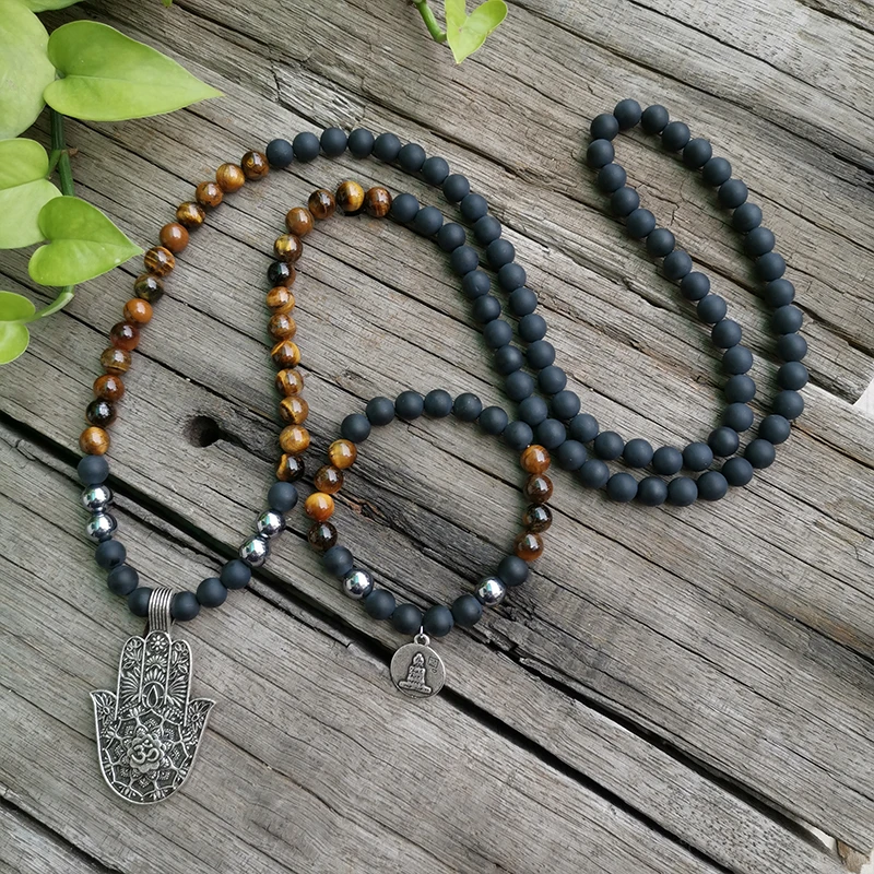8mm Natural Stone Beads,Matte Black Onyx,Tigers Eye,Heal,JapaMala Sets,Spiritual Jewelry,Meditation,Inspirational,108 Mala Beads