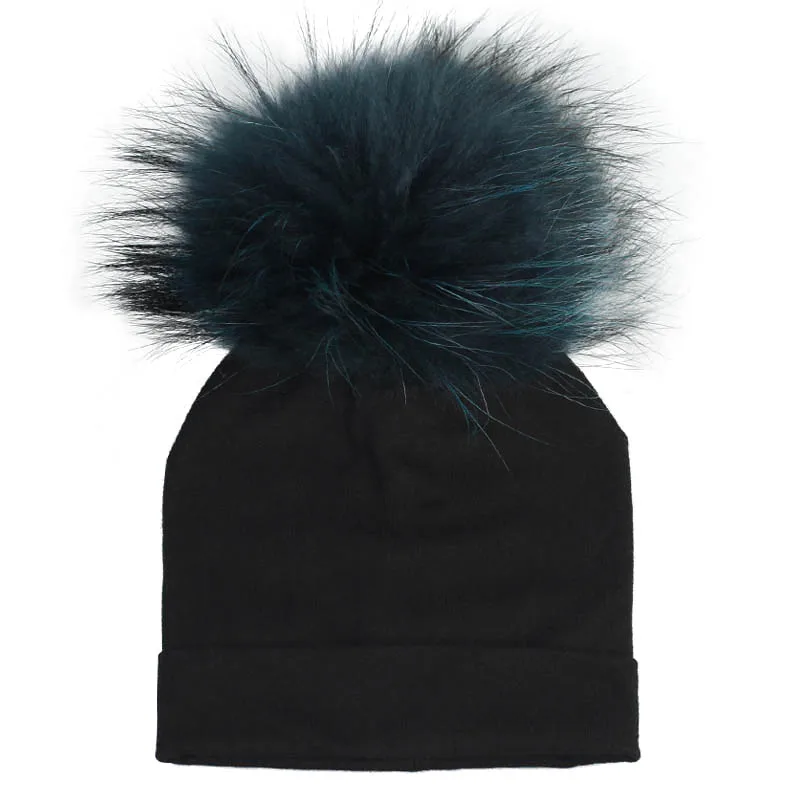 Мягкие теплые хлопковые шапочки Skullies Beanies для новорожденных мальчиков, Детские хлопковые шапочки с помпоном из натурального меха для девочек - Цвет: Black turquoise