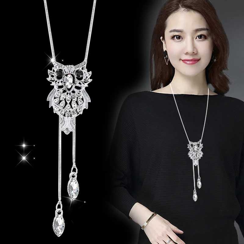 Collier Femme, винтажные серебряные ожерелья и подвески с кристаллами в виде совы для женщин, Длинные ожерелья, женский свитер, цепочка, ювелирное изделие на Рождество