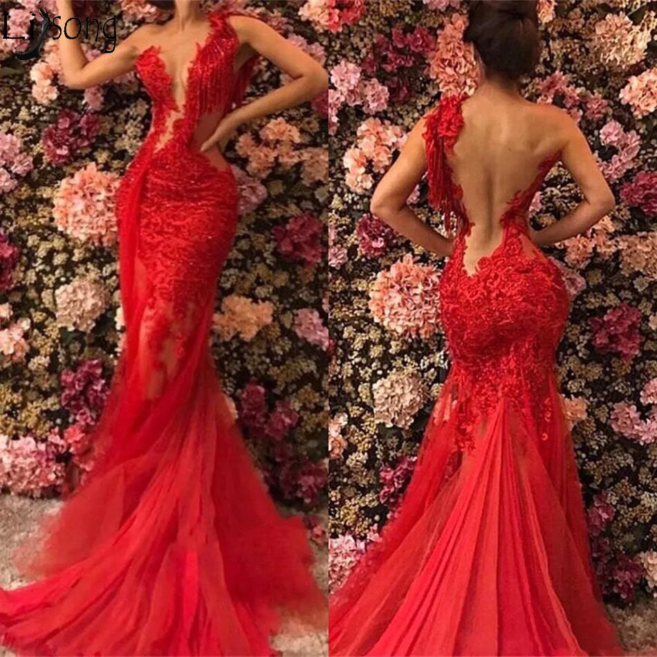 

2019 Red Sheer See Through Backless Mermaid Prom Dresses Plus Size Lace Tulle One Shoulder Evening Gowns Sexy robe de soiree abendkleider