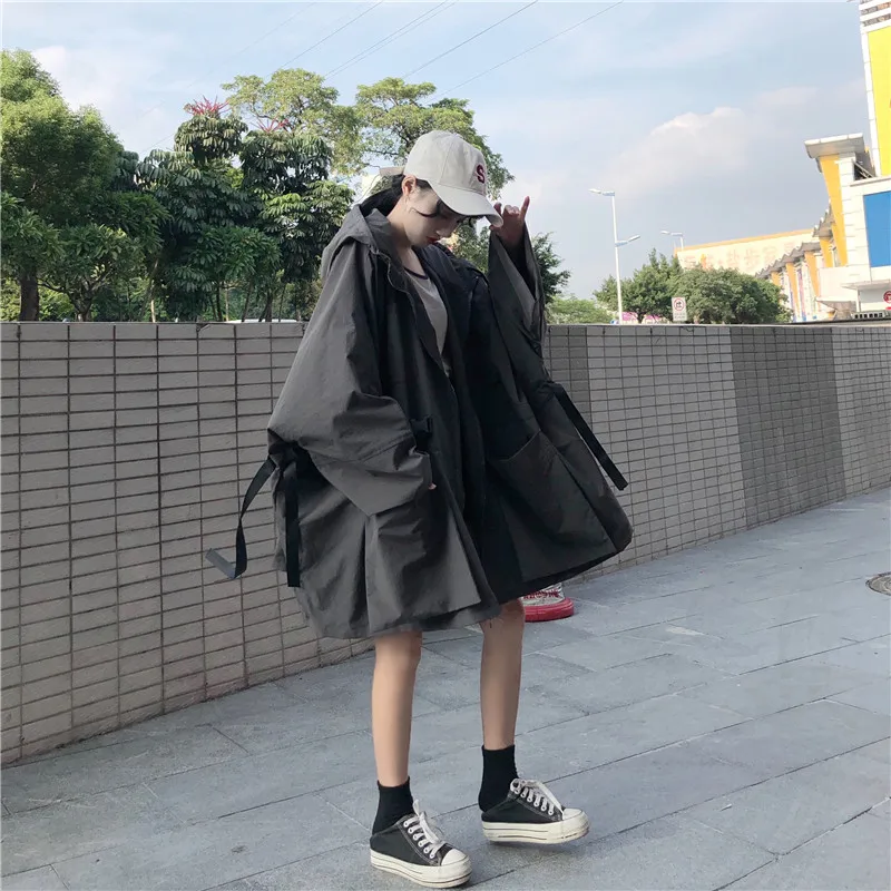 Neploe Harajuku с капюшоном куртка с затяжкой, больше обычного размера, длинный поясом тонкая талия пальто Новинка осени Для женщин стиль сафари куртки 54826