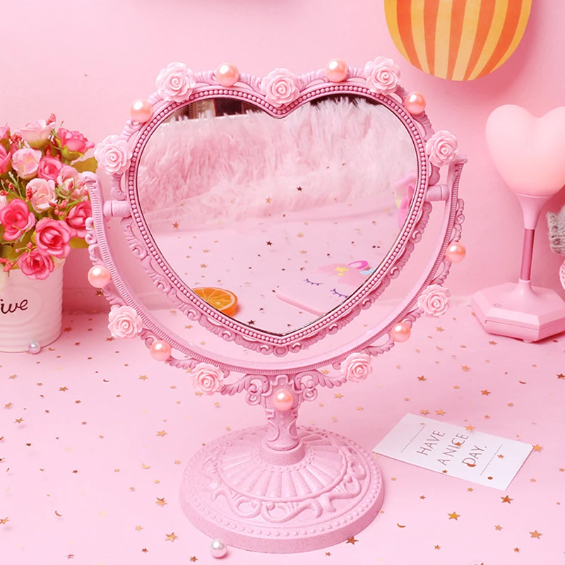 Милое розовое зеркало в форме сердца для девочек, настольное зеркало в форме сердца для принцессы, зеркало для макияжа в форме сердца, ручное зеркало для туалетных принадлежностей «сделай сам»