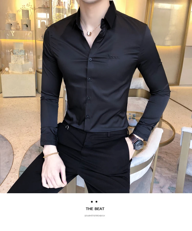 Фабрика прямая юбка Для мужчин 2019 Весна Новые эластичные Slim Fit Бизнес повседневные мужские рубашки с длинным рукавом Твердые социальные