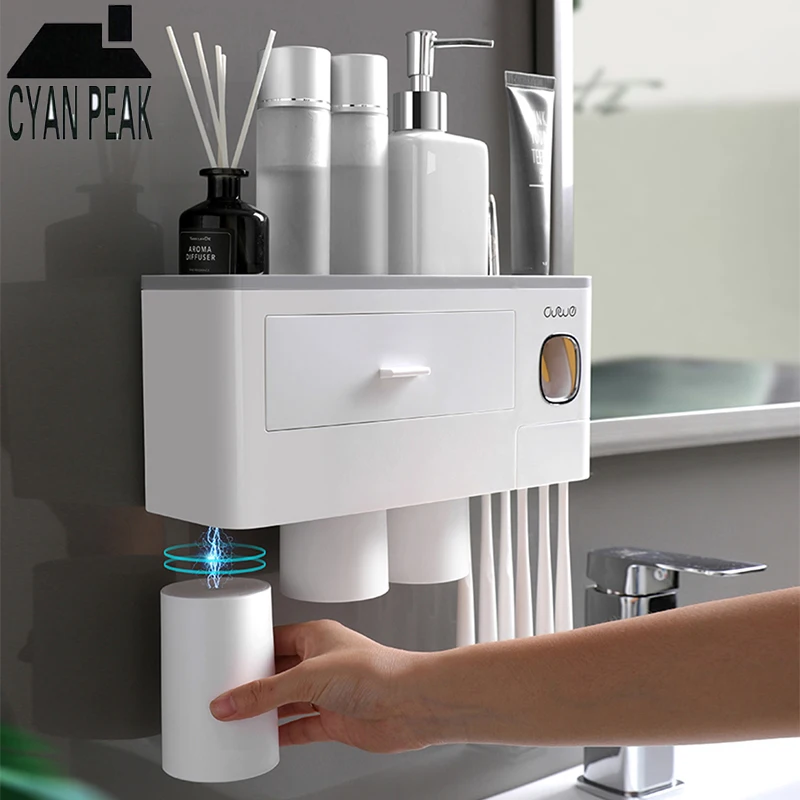 

Magnetic Adsorption Automatic Toothbrush Holder Toothpaste Dispenser Squeezer Wall Mount Storage Rack Bathroom Accessories Set