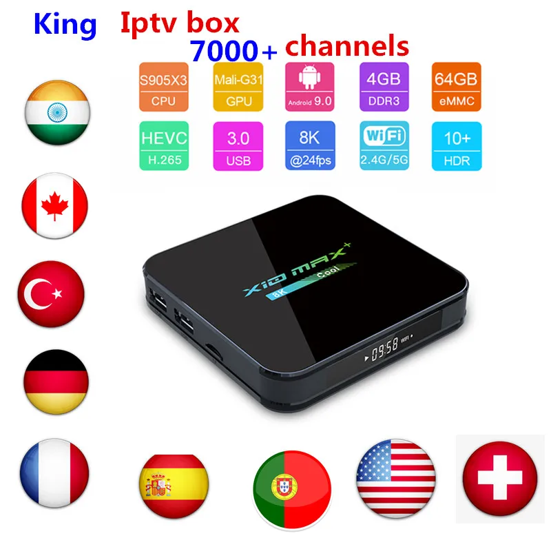 King ip tv X10 MAX+ ТВ-приставка Android 9,0 4 Гб 64 Гб Amlogic S905X3 ТВ-Приставка Смарт-медиаплеер двойной WiFi Bluetooth 8K ТВ-приставка