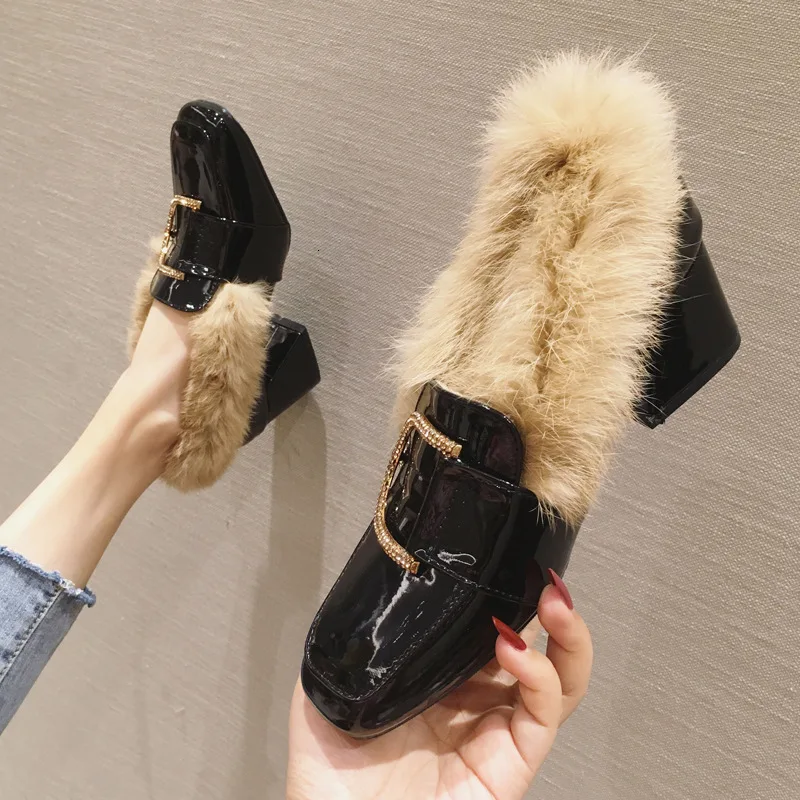 

Winter Increase Down Single Shoe Woman Baby Shoe 2019 Thick Bottomed With Square All-match Buckle Dawdler Shoe Woman