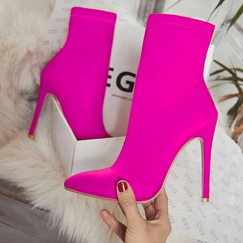 

2019 Women Fetish Silk Sock Neon Boots 11.5cm High Heels Stretch Fashion Heels Red Green Ankle Boots Peach Plus Size 42 Shoes