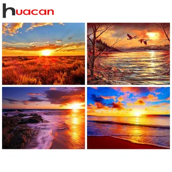 

Huacan Diy Diamond Painting Scenery Handmade Gift Mosaic Cross Stitch Seaside Embroidery Sunset Home Decoration