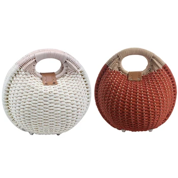 

ASDS-2 Pcs Snail's Nest Tote Handbag Summer Beach Bags Woman Straw Bags Women's Handbag Rattan Bag - White & Orange