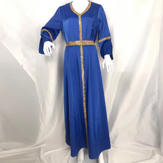 Abaya Dubai Turkey Muslim Diamond V Neck Long Sleeve Dress Women Moroccan Caftan Jalabiya Islamic Ethnic 2021 Blue Robe 4