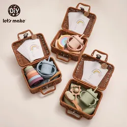 Let's Make Juego de vajilla de alimentación para bebé, tazas de aprendizaje para beber a prueba de agua, silicona de grado alimenticio, arcoíris, juguetes para niños, regalos