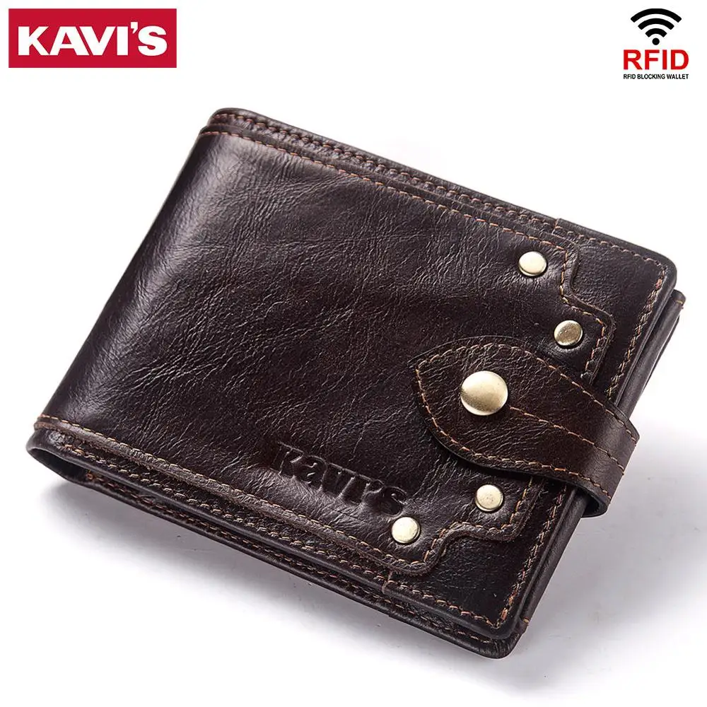 

KAVIS 100% Genuine Leather Wallet Men Male Coin Purse Portomonee Clamp for Money Short Pocket Card Holder Hasp Quality Button