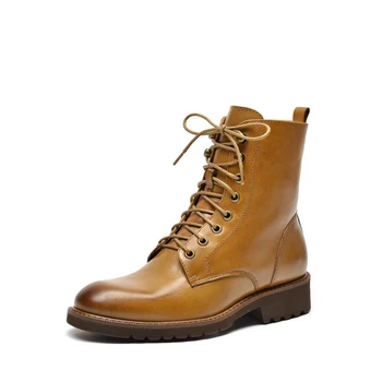 

2020 Free Shipping Handmade Genuine Leather Women British Martin Boots Lace Up Causal Boots Square Toe Black brown Cofeee 03812