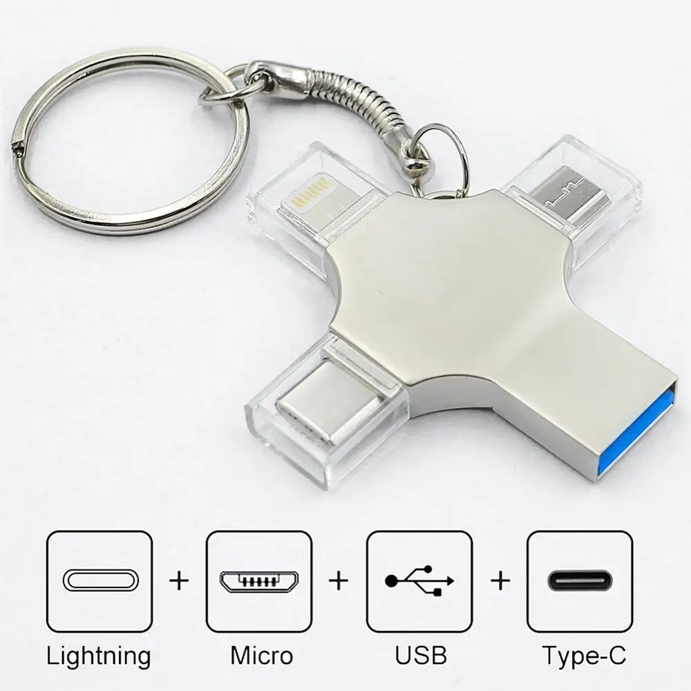 4 In 1 USB Memory Flash Drive for IPhone Android USB OTG TYPE-C Lightning 256GB
