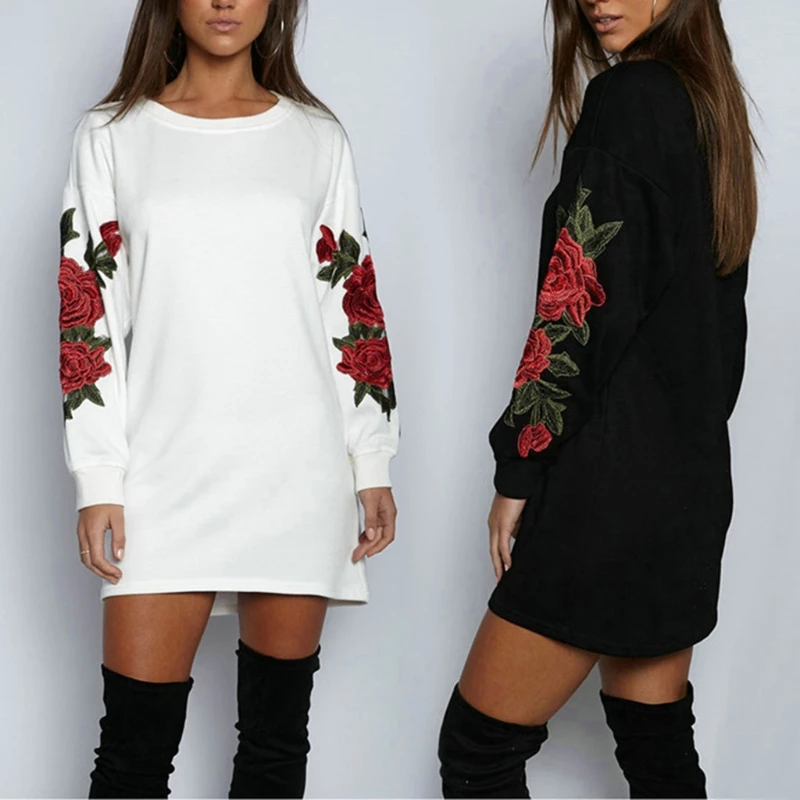 

2019 High Quality Autumn Sweatshirt Long Sleeve Female Pullover Loose Tops Embroidery Floral Harajuku Hoodies Lady Mini Dress