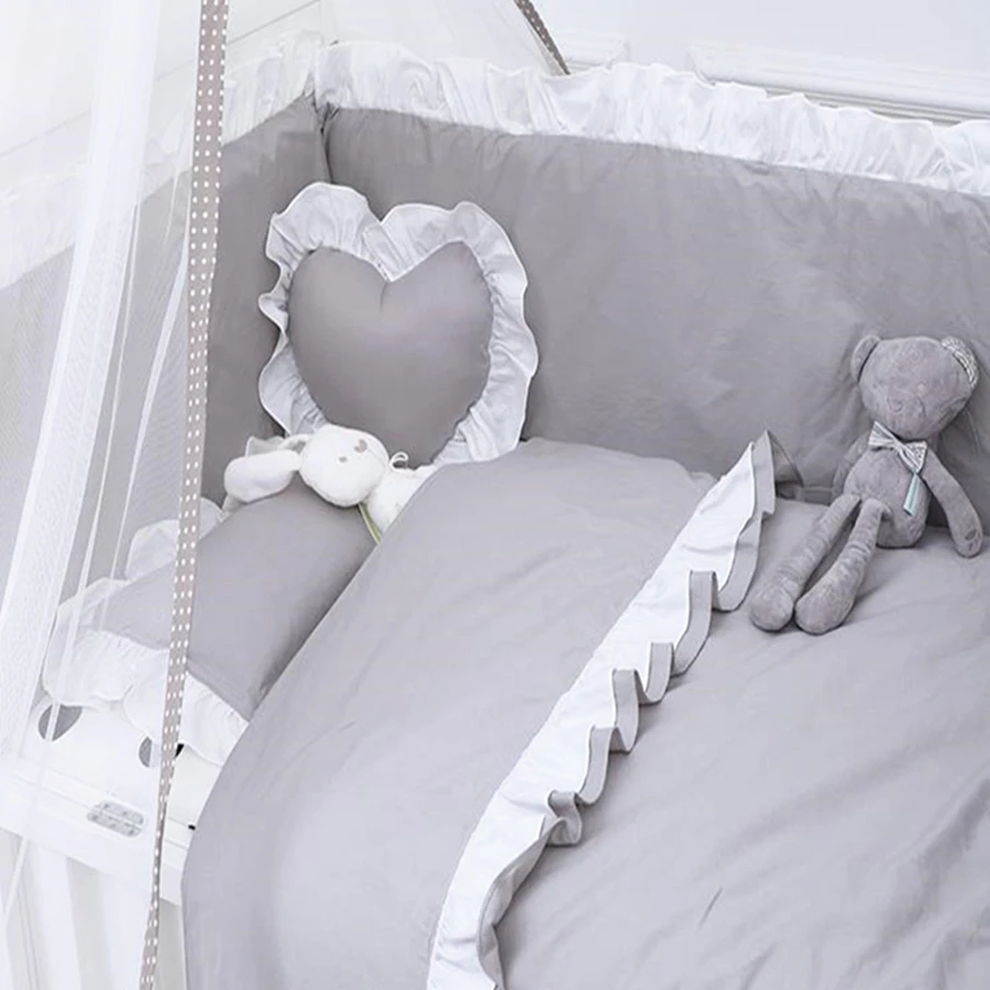 

Baby Bedding Set Bumper 100% Cotton Lotus Leaf Lace Newborn Duvet Cover Infant Mattress Cover Cot Sheet Pillowcase Baby Bed Set