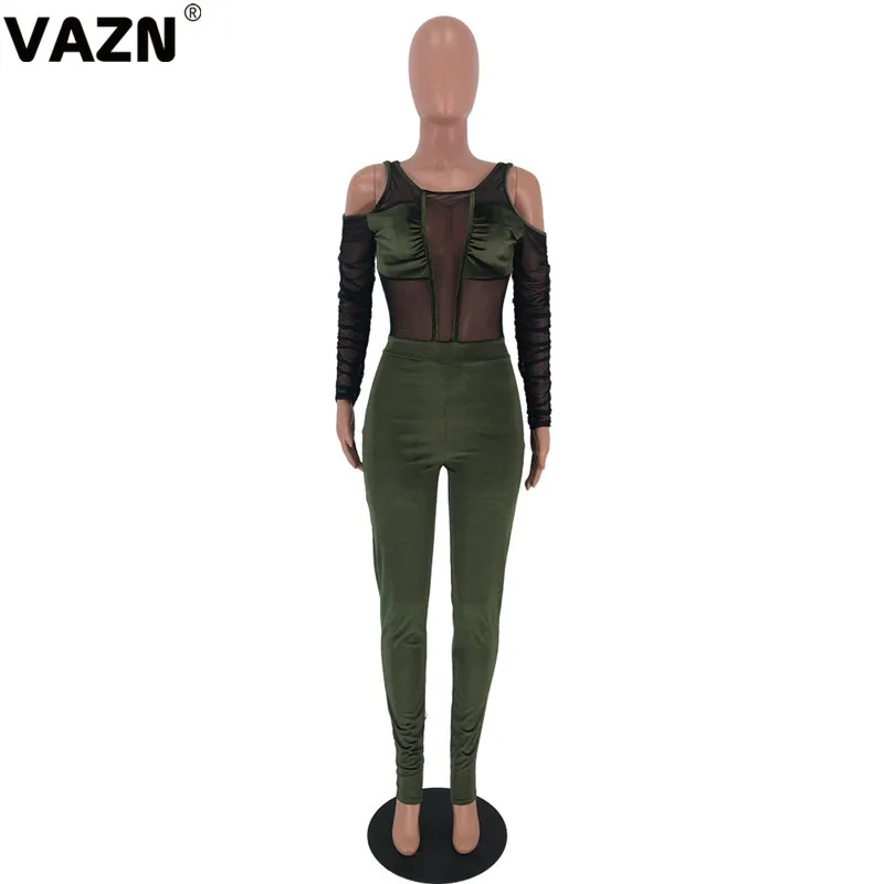 VAZN LDS3188 Новые лоскутные замшевые кружевные Необычные Сексуальные Клубные Модные женские эластичные комбинезоны с завышенной талией с длинным рукавом и открытыми плечами