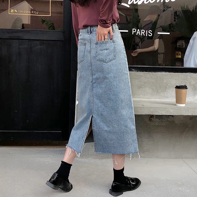 Винтажные юбки карандаш из денима с кисточками женская светло голубая длинная