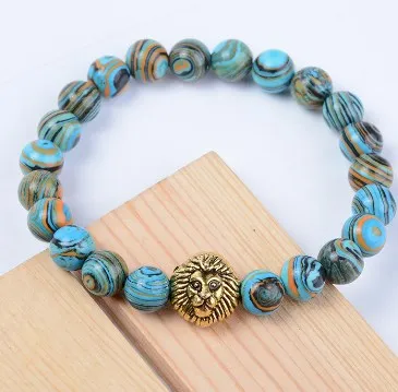 8mm uy4 adjusted Charm malachite nature stone bead copper lion Bracelet women Healing Balance Prayer Reiki Chakra Buddha Yoga | Украшения и