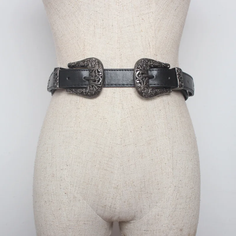 Fashion Design Waistband Solid Hollow Metal Engraved Double Buckle Leather Belt Female Vintage Causal Belt For Women ZK108
