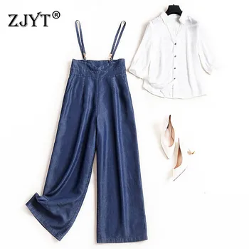

Top Fashion Spring Lady Casual Two Piece Outfits 2020 New Designers Women's Set White Chiffon Blouse and Pants Suit Matching Set