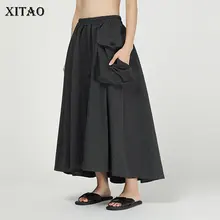 XITAO с со складками больших размеров юбка Для женщин в Корейском стиле новые модные осеннее, элегантное, с эластичной резинкой на талии нерегулярные карман Повседневная юбка WQR1645