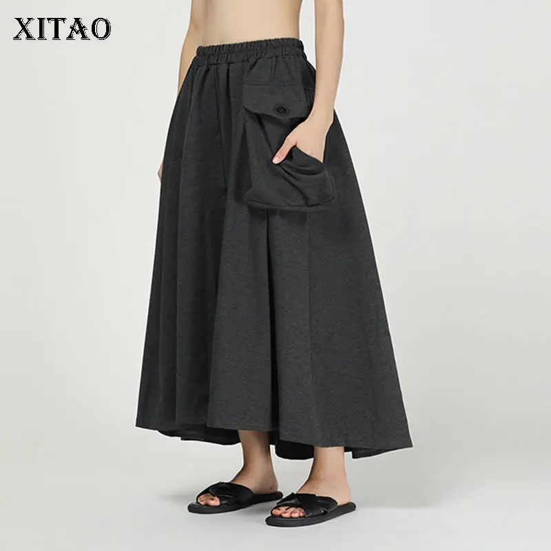 

XITAO Pleated Plus Size Skirt Women Korea Fashion New 2019 Autumn Elegant Elastic Waist Irregular Pocket Casual Skirt WQR1645