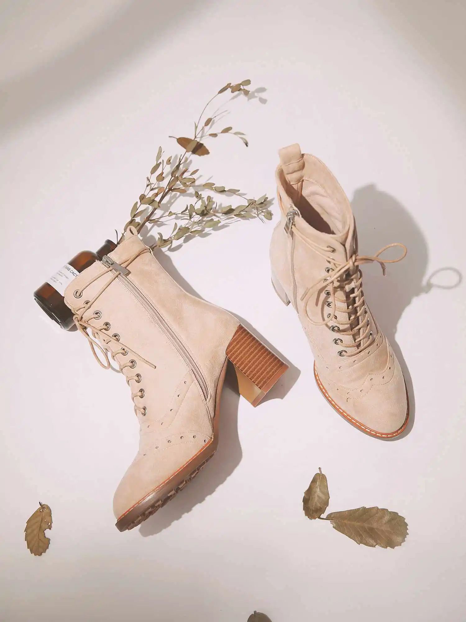 krazing pot flock material lace up thick high heels wedding breathable prepp style European career design ankle boots l18