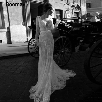 

Booma Vintage Mermaid Wedding Dress Lace Long Sleeve Bridal Gowns Boho Sexy V-Neck Bohemia Wedding Party Gown Chapel Train
