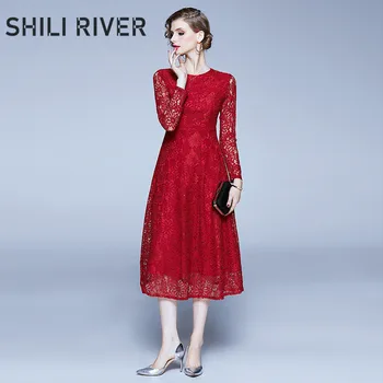 

2020 spring autumn runway designer party long dress for women long sleeves slim casual lace retro elegant pleated dresses red