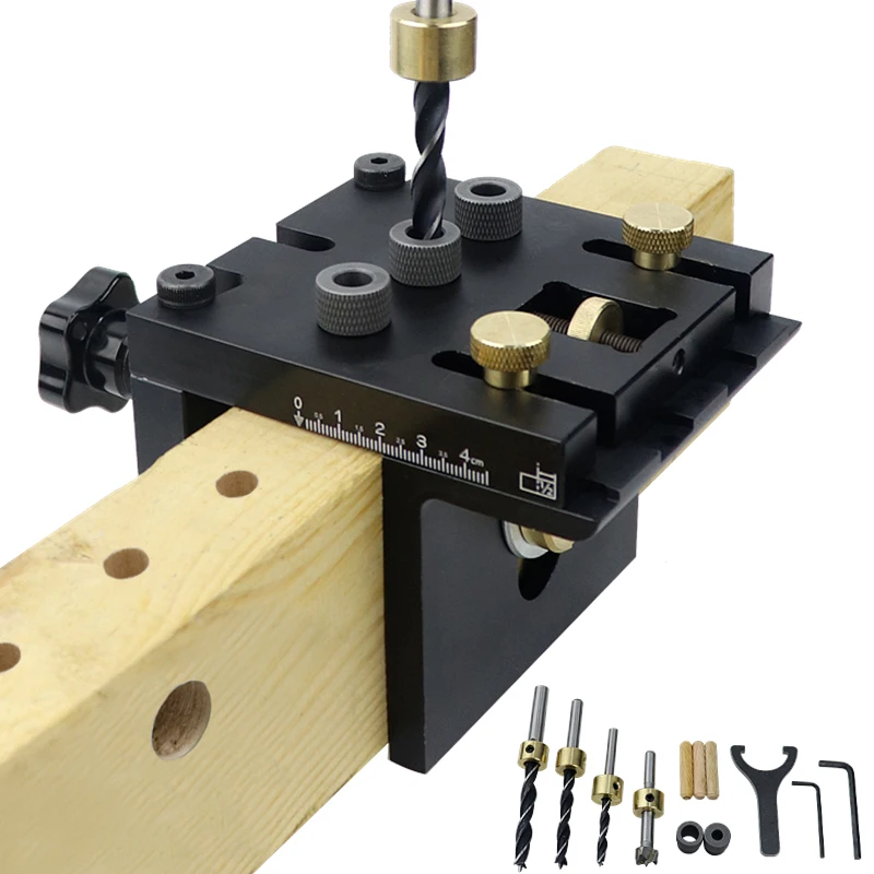 Ctghgyiki Woodworking 3 in 1 Drill Guide Set Hole Puncher Dowelling Jig Self Tighen Clamp Dowel Tenon Punching Woodworking Tools 