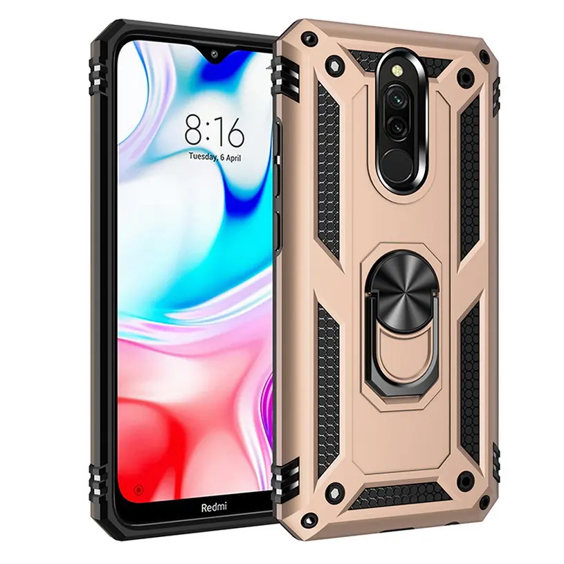 Gold Роскошный защитный противоударный чехол для xiaomi redmi 8, силиконовый чехол-бампер, Гибридный чехол для xiaomi redmi 8A redmi 8, металлическое кольцо - Цвет: Gold