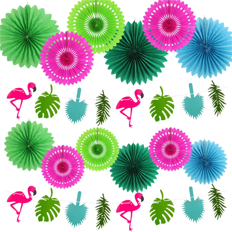 Тропический Розовый фламинго вечерние вафельная ткань декоративная ткань бумажный веер в виде цветка Бумага фонари для Гавайский Летний пляж Луау Вечерние - Цвет: Green RoseFlamingo
