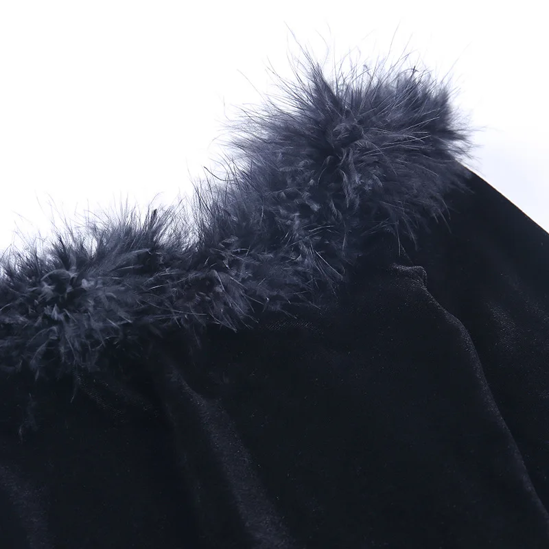 Готический Черный велюровый меховой лоскутный комплект из 2 предметов с юбкой, женский сексуальный бархатный топ с открытыми плечами и вырезом лодочкой, облегающий комплект одинаковой одежды