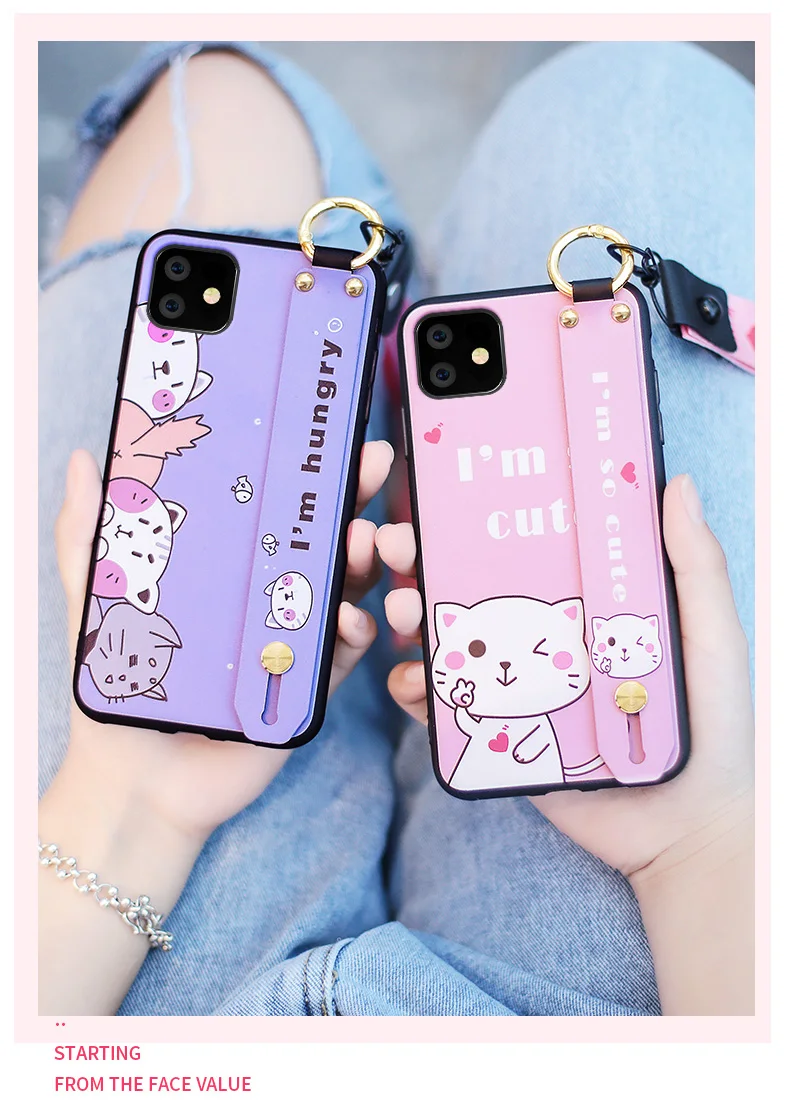 For iphone 11 Cute Avocado Wrist Strap phone Case for iphone 11 pro max Cartoon CAT silicone Rabbit Back cover+ strap