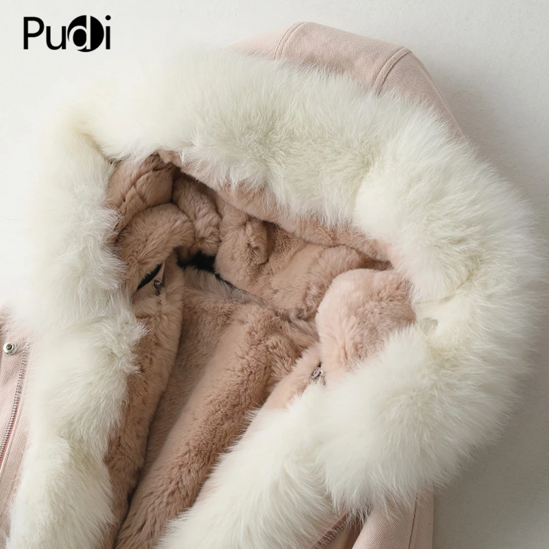 PUDI A59768, Женское зимнее хлопковое джинсовое пальто, настоящий кроличий мех, теплая куртка с лисьим меховым воротником, пальто для девочек, Женская длинная куртка, пальто