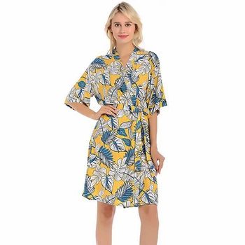 

Womens Sleepwear Nightgown Satin Kimono Robe Printed Lingerie Robe Yellow Bridesmaid Robes Silk Bath Robe Plus Ladies Long Gowns