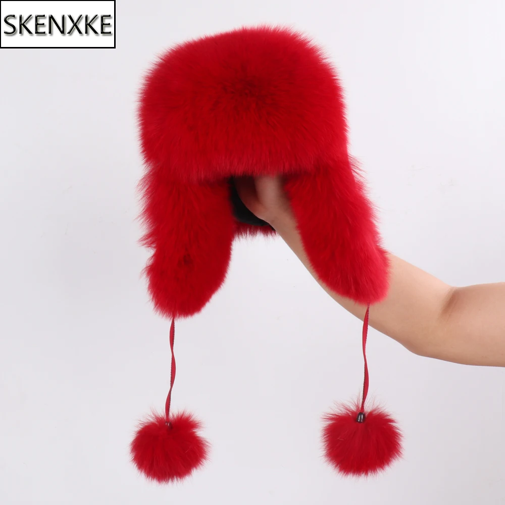 

New Arrival Fluffy Girls Real Fox Fur Bomber Hats Winter Fashion Warm 100% Natural Fox Fur Hat Outdoor Russia Lady Real Fur Caps