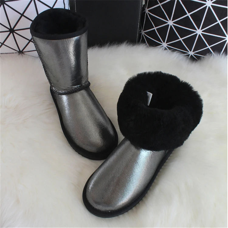 black silver G&Zaco Luxury Australia Sheepskin Snow Boots Women Winter Natural Wool Sheep Boots Calf Warm Non-slip Female Flat Boots - Цвет: black silver